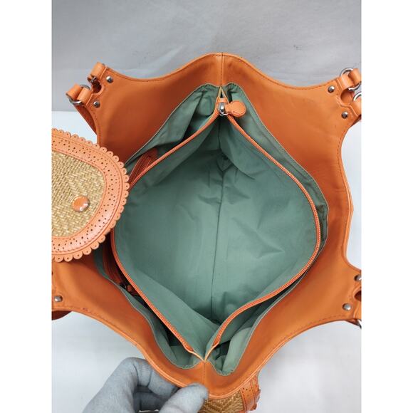 Cole Haan Tan Straw Orange Leather Trim Pocket Double Handle Satchel Bag - Picture 12 of 16